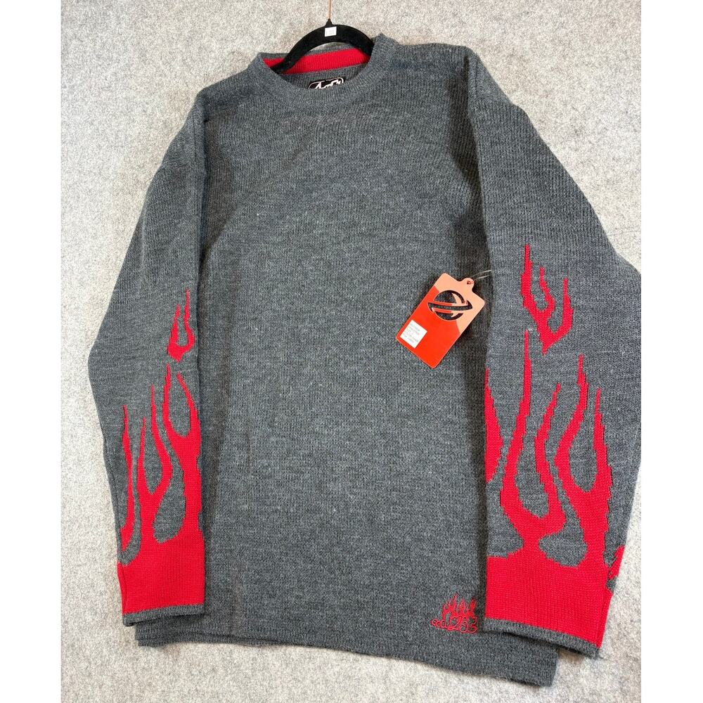 Vintage Lost Enterprises Flame Sweater Mens Large Gray Red Dragster Knit Y2K NWT